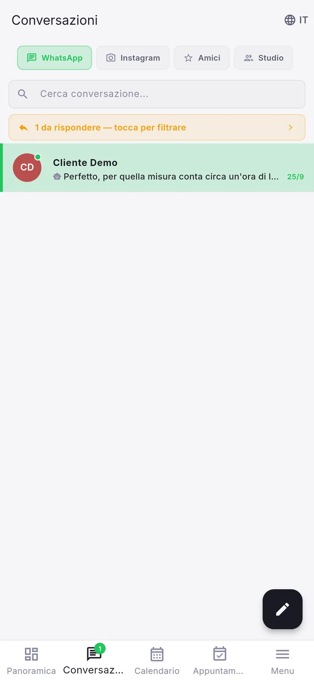 Inkconscious Studio on iPhone: WhatsApp and Instagram conversations in one inbox